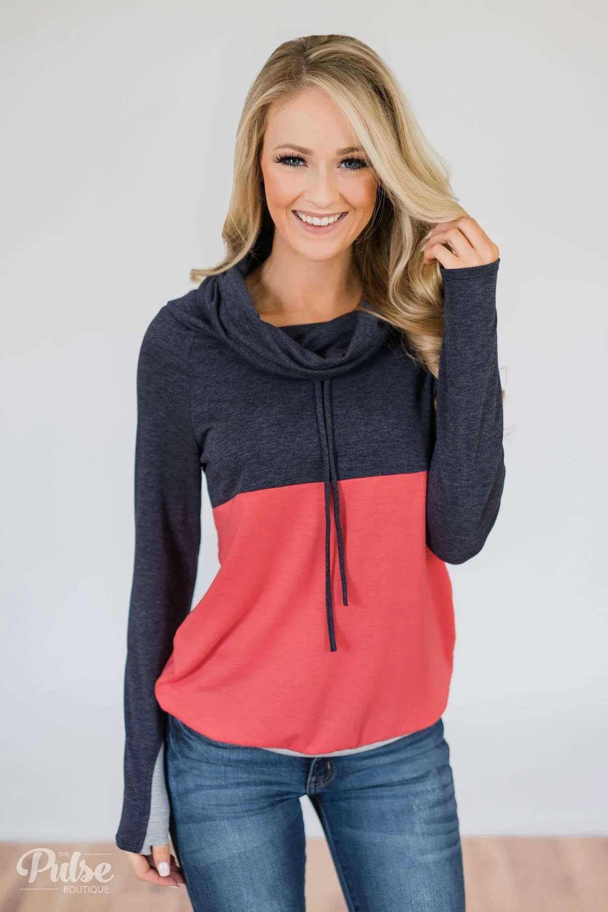 Color Block Cowl Neck- Navy & Coral