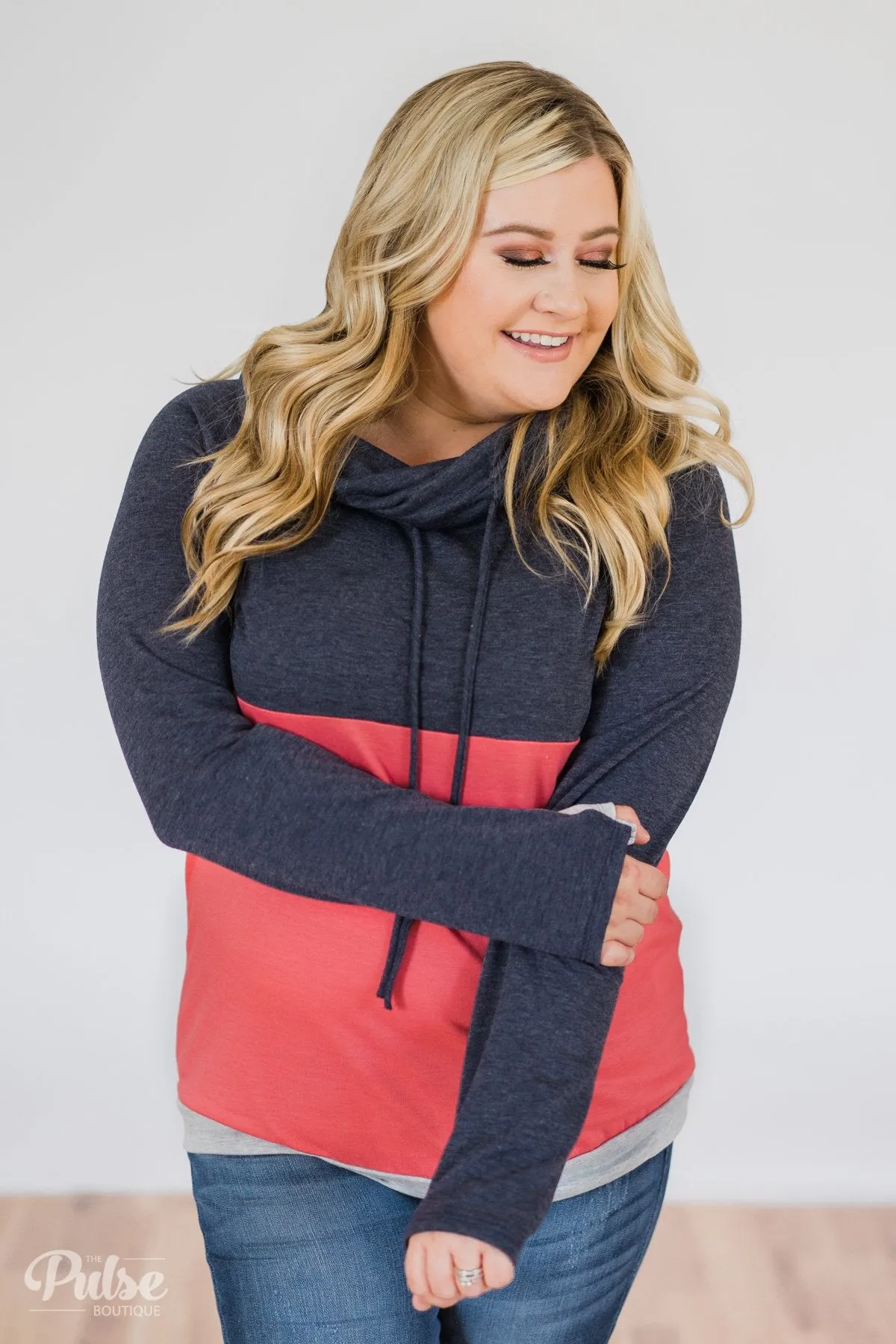 Color Block Cowl Neck- Navy & Coral