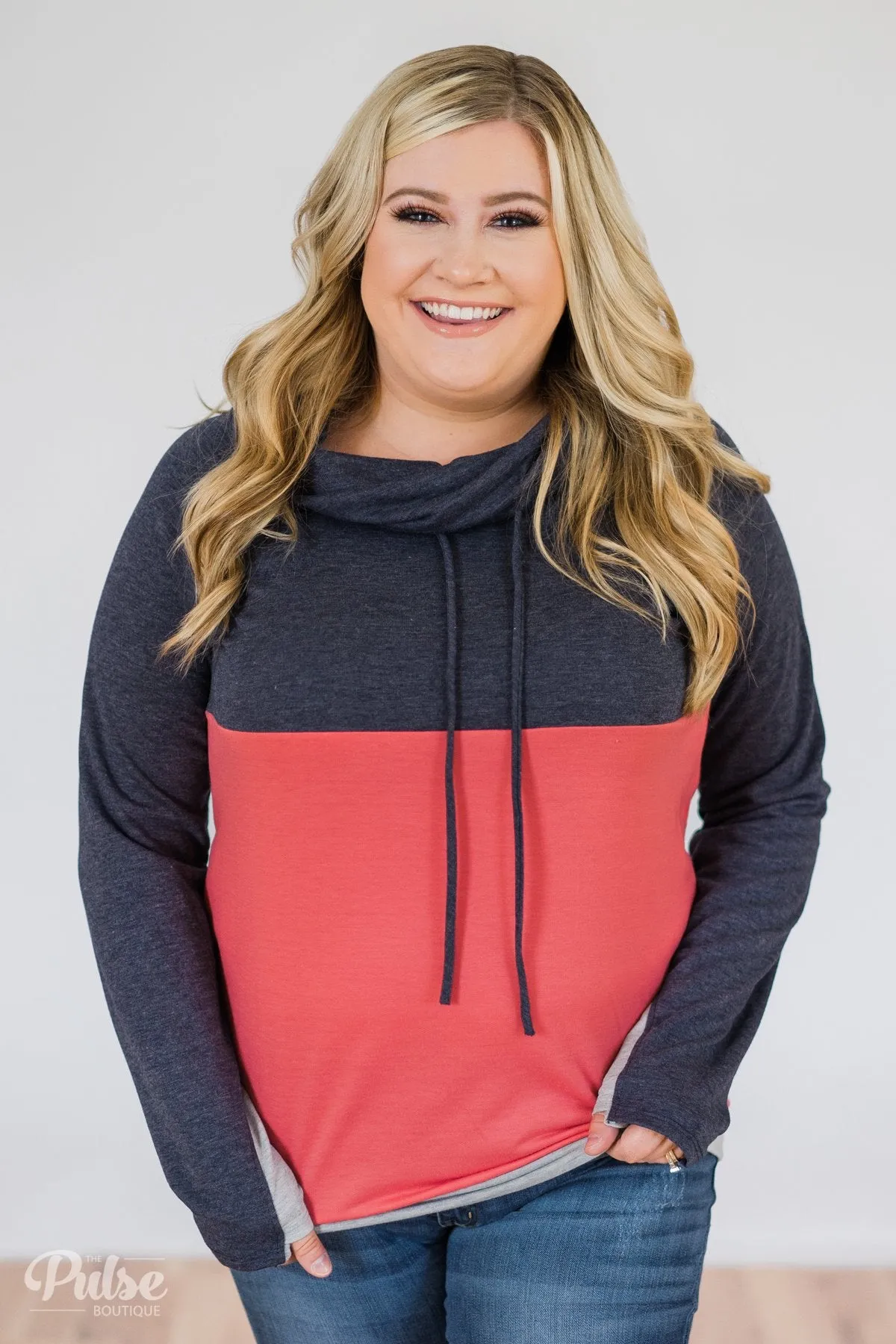 Color Block Cowl Neck- Navy & Coral