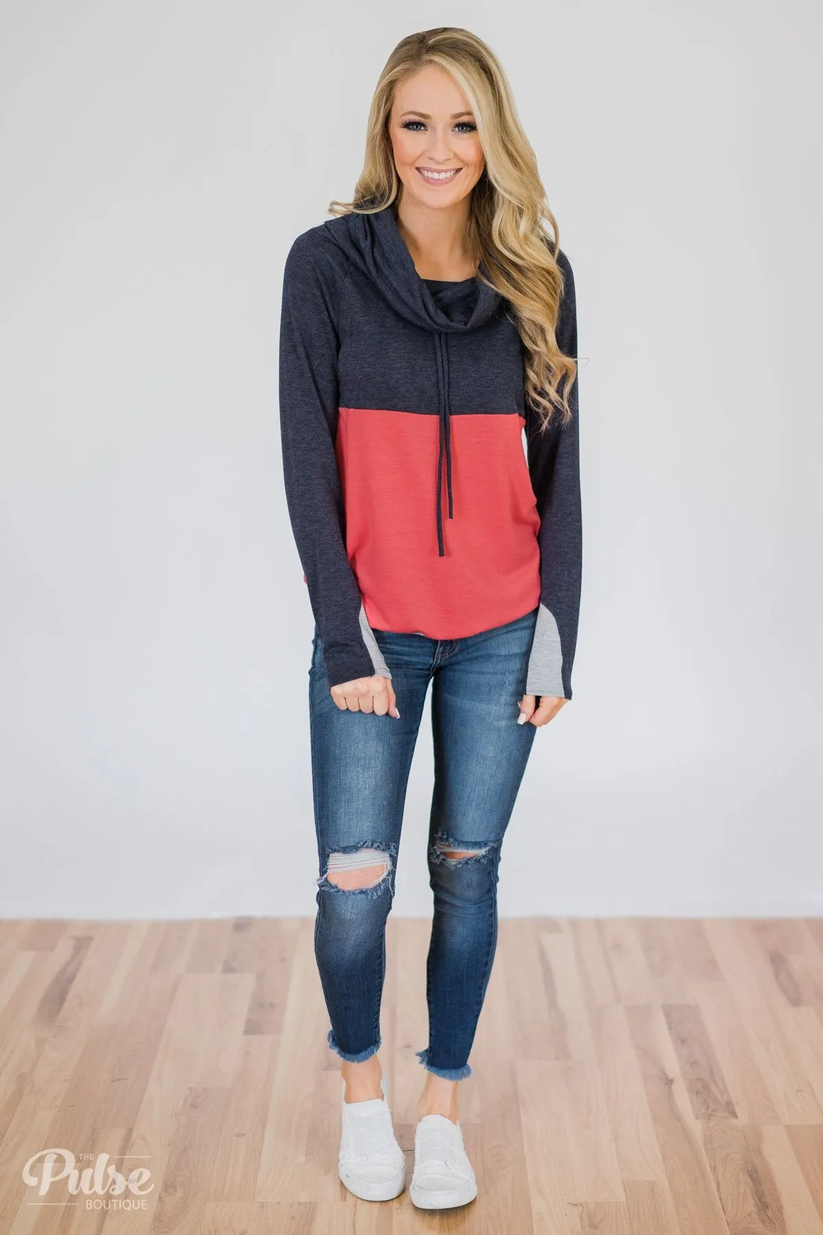 Color Block Cowl Neck- Navy & Coral