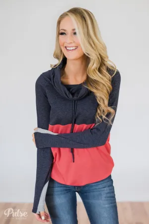 Color Block Cowl Neck- Navy & Coral