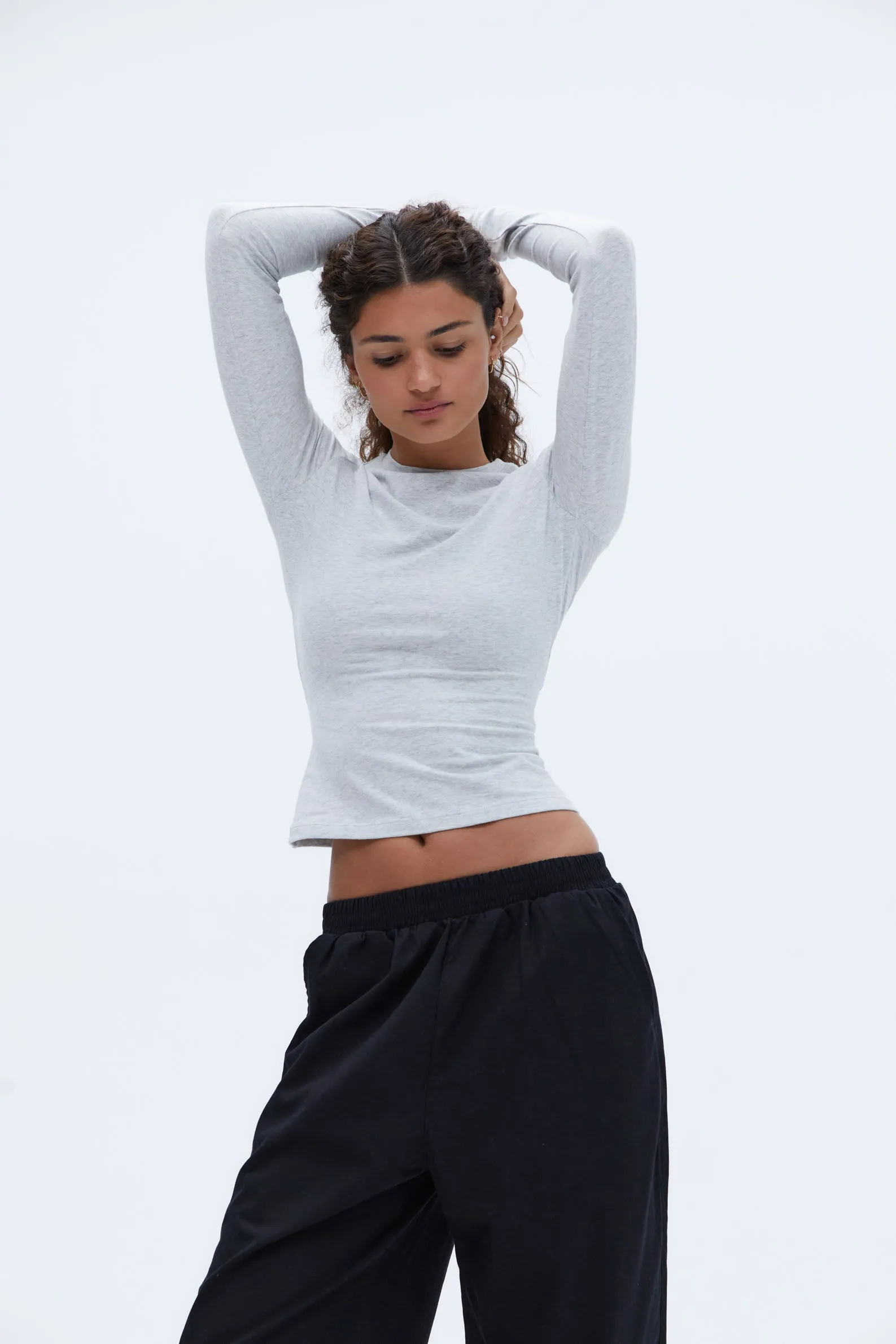 Cotton Long Sleeve Top - Grey Melange