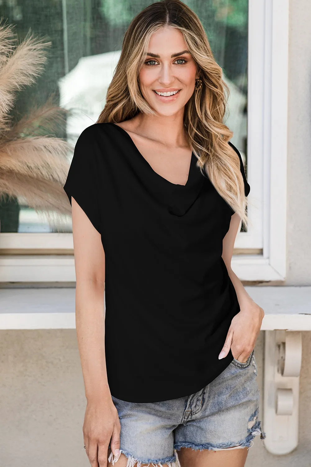 Cowl Neck Bat Sleeve T Shirt