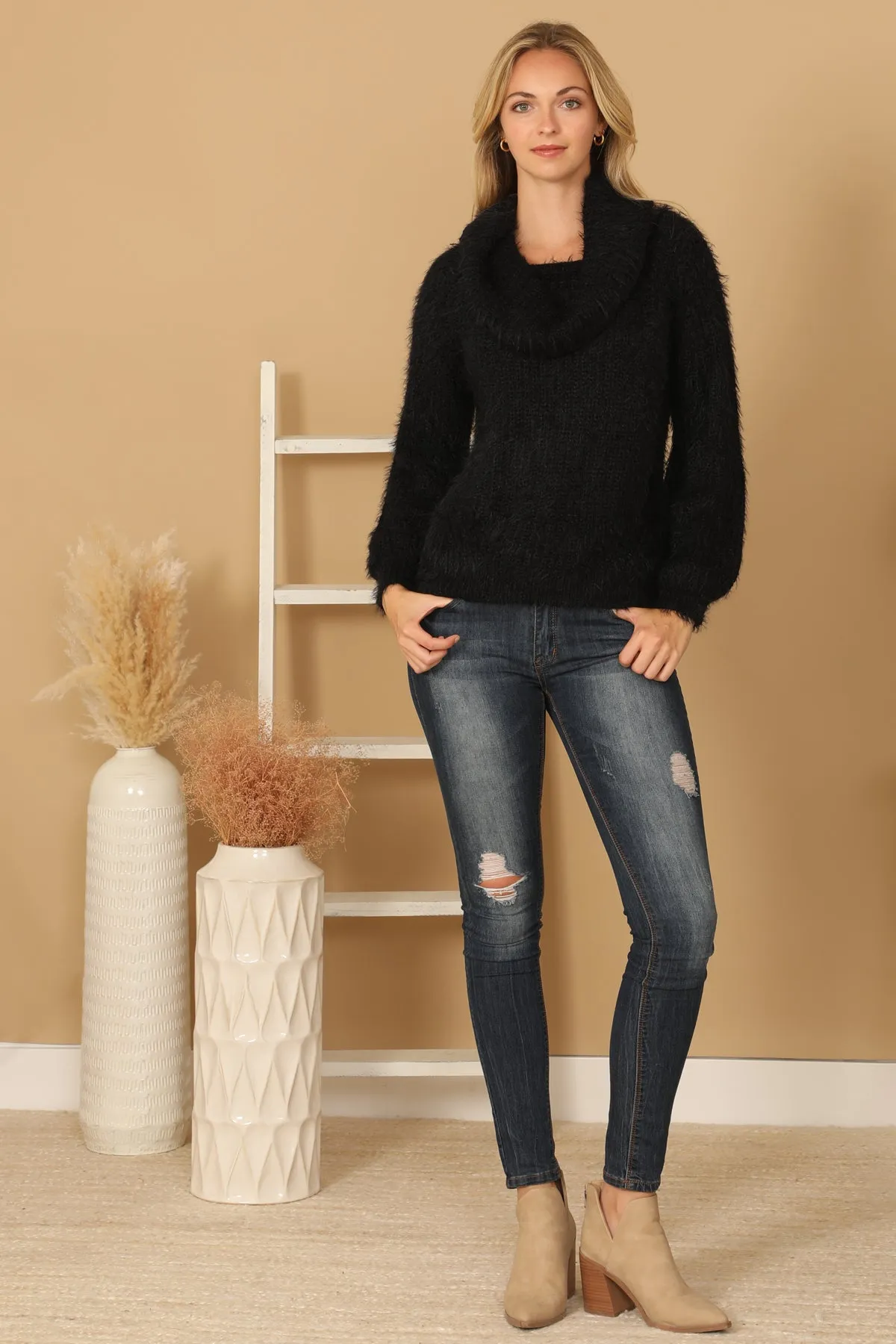COWL NECK FLUFFY KNITTED SWEATER