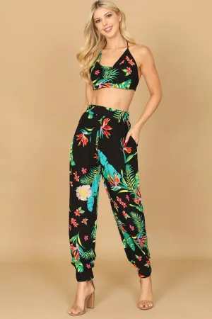 COWL NECK SPAGHETTI STRAP TROPICAL CROP TOP & PANTS SET