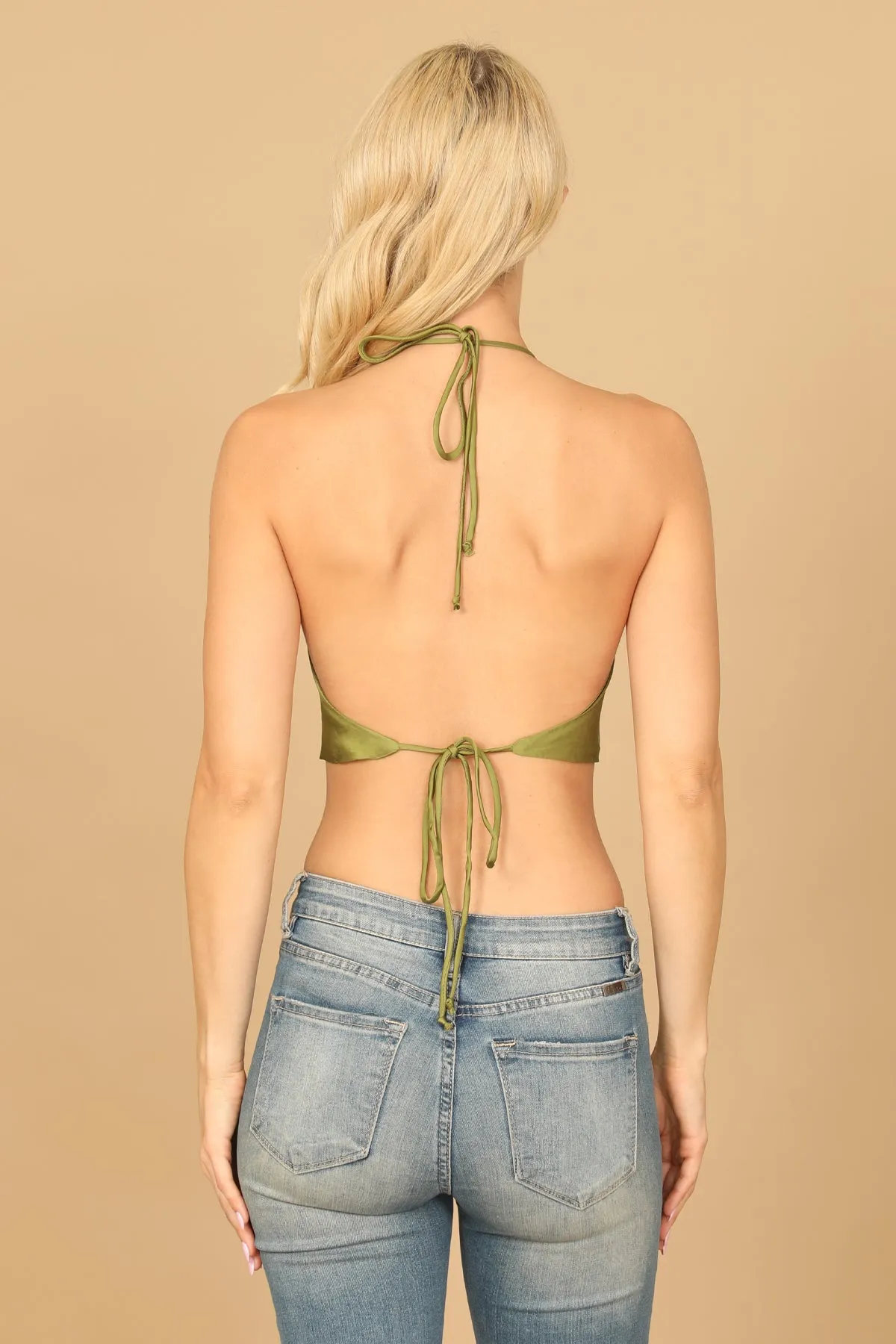 COWL NECK TIE BACK SATINY CROP TOP