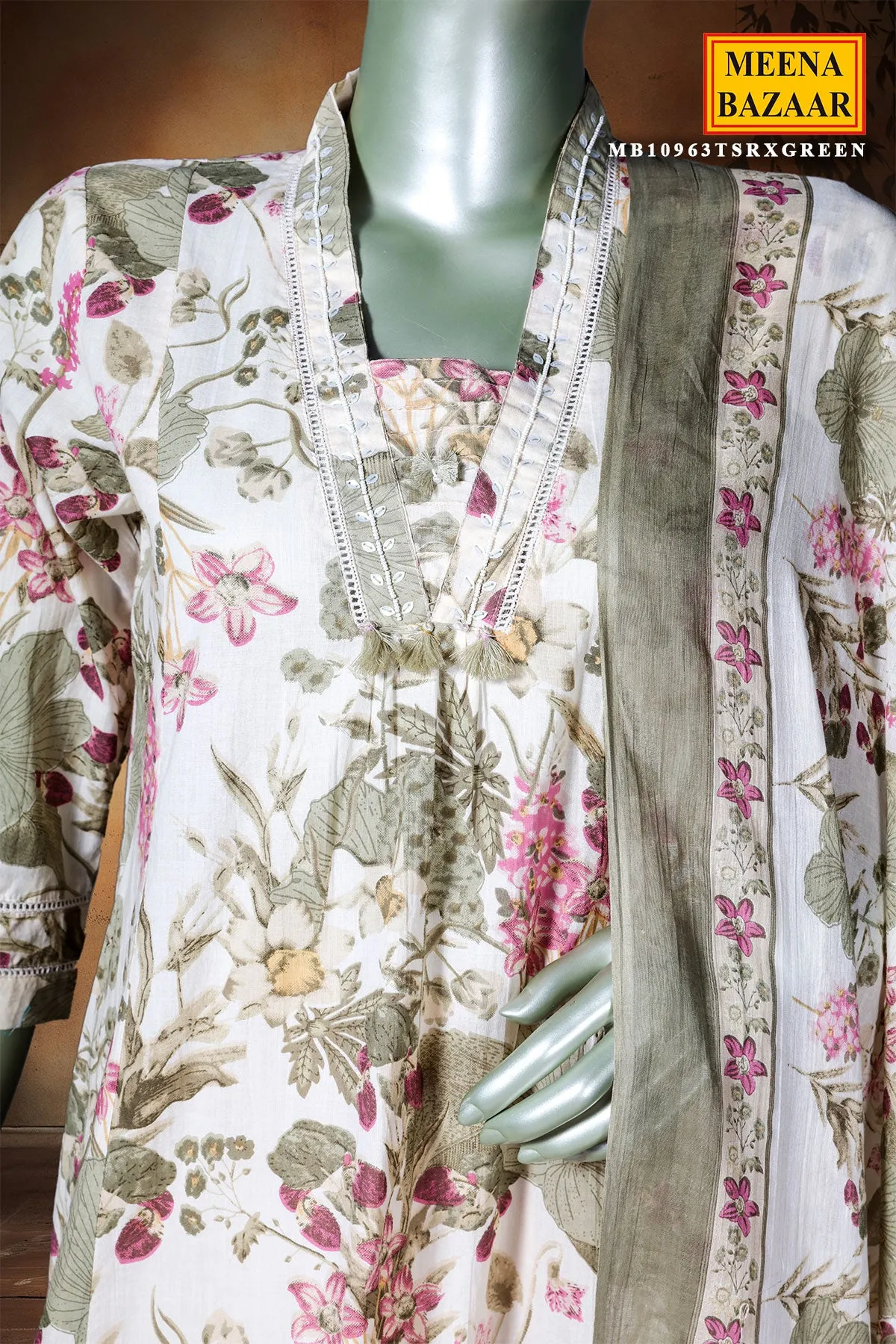 Cream & Green Cotton Neck Embroidered Floral Printed Suit Set