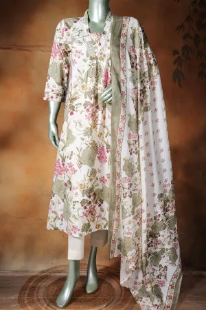 Cream & Green Cotton Neck Embroidered Floral Printed Suit Set
