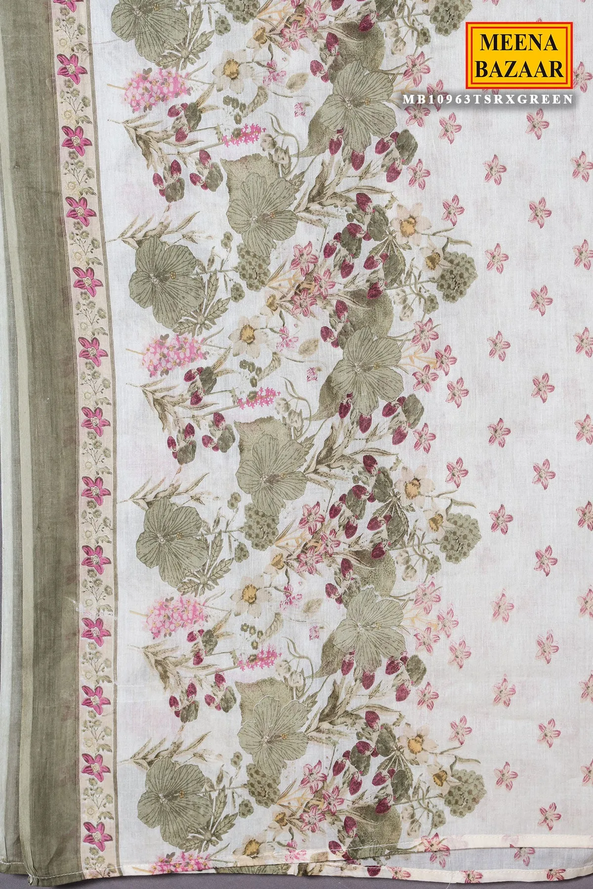 Cream & Green Cotton Neck Embroidered Floral Printed Suit Set