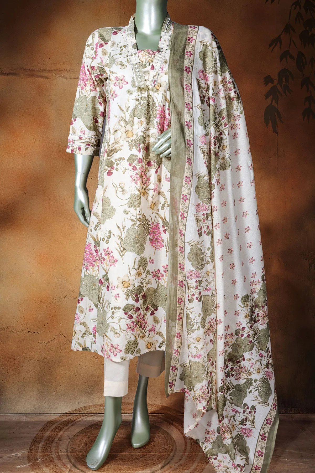 Cream & Green Cotton Neck Embroidered Floral Printed Suit Set
