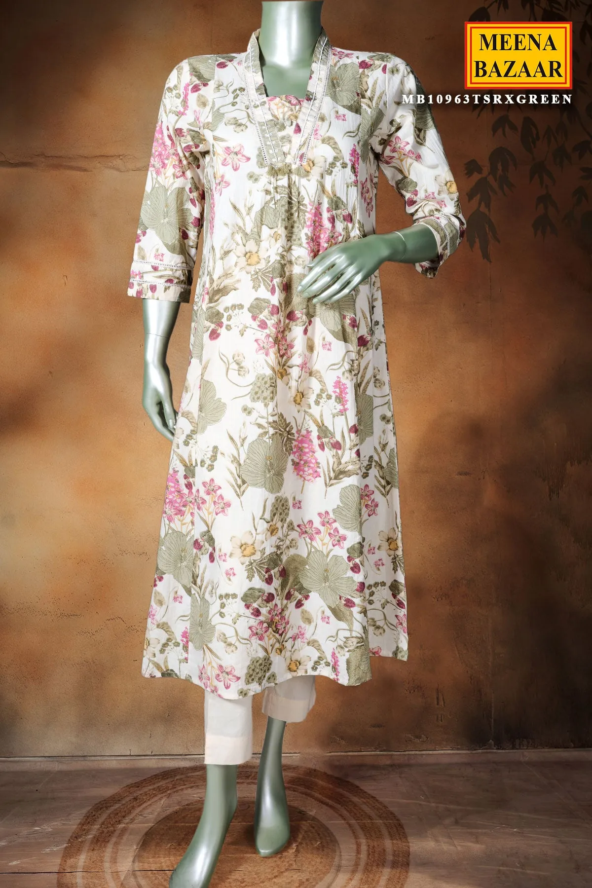 Cream & Green Cotton Neck Embroidered Floral Printed Suit Set
