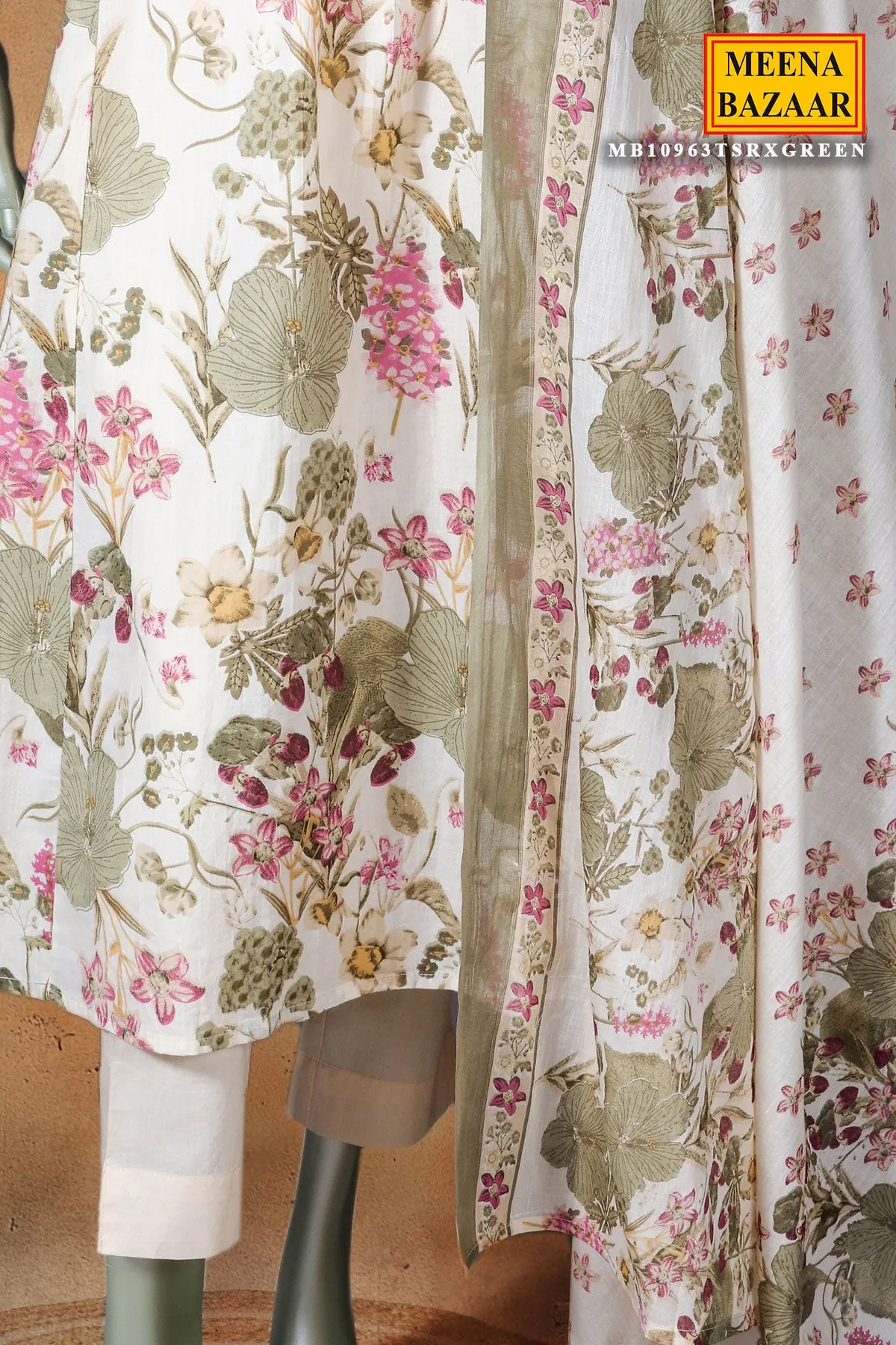 Cream & Green Cotton Neck Embroidered Floral Printed Suit Set