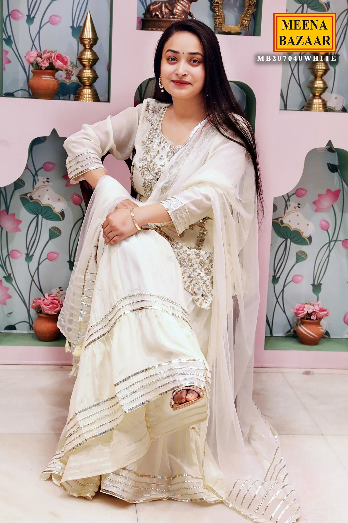Cream Satin Crepe Gota Patti Embroidered Suit
