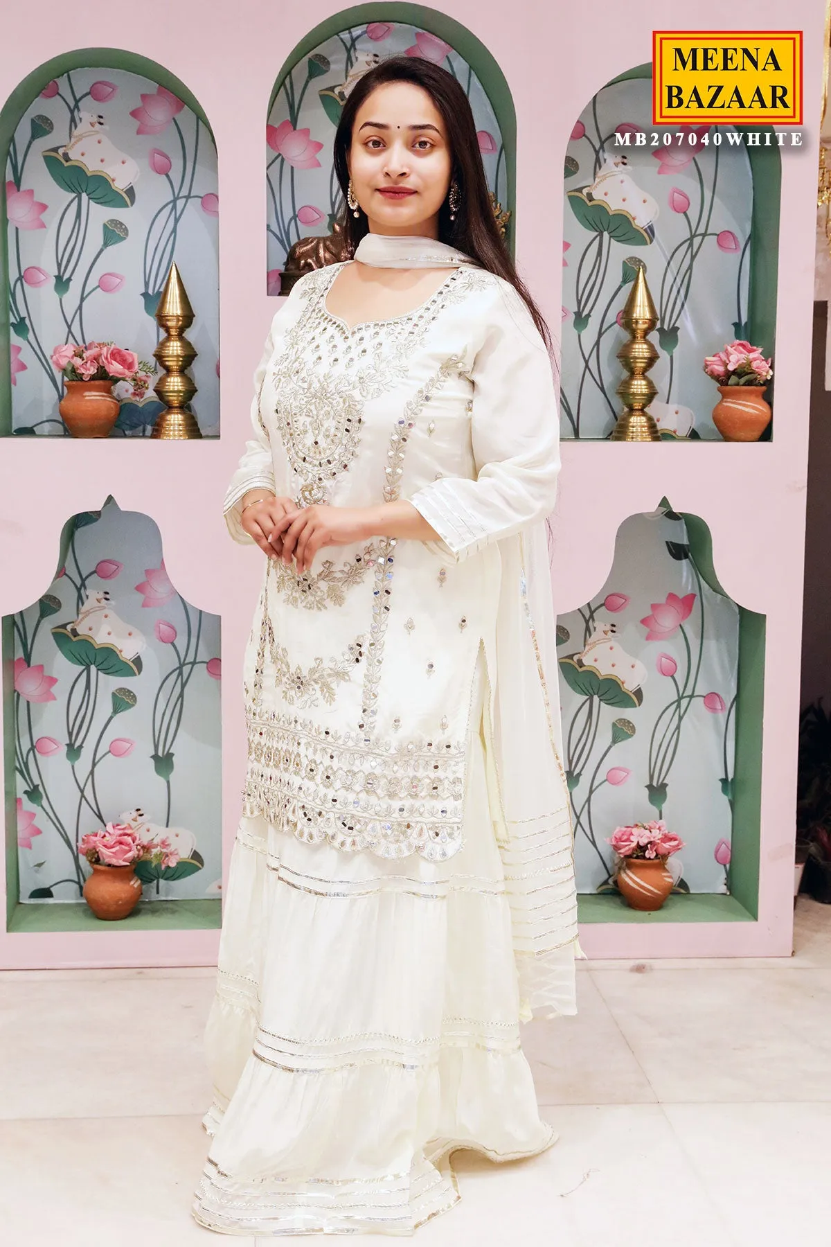 Cream Satin Crepe Gota Patti Embroidered Suit