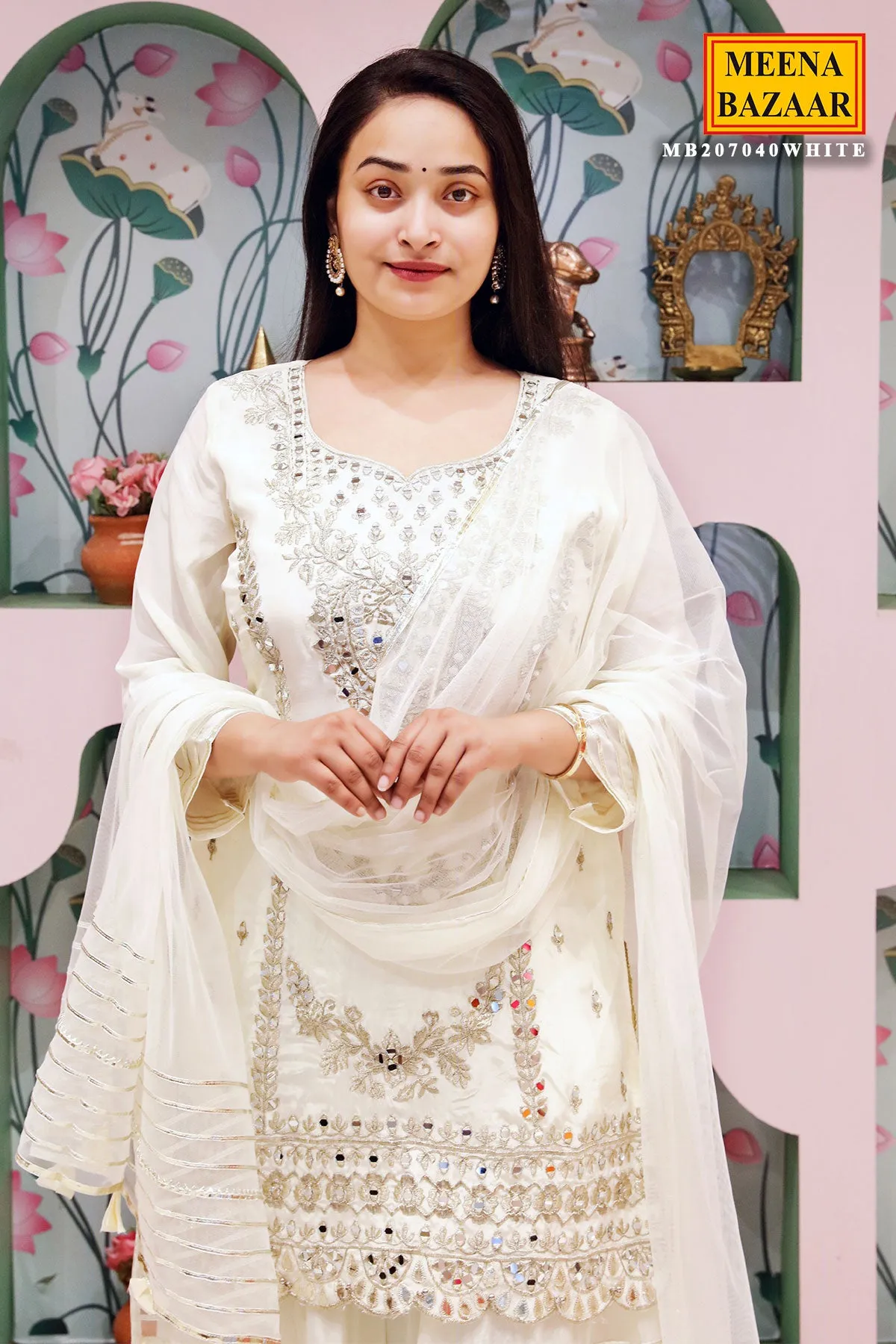 Cream Satin Crepe Gota Patti Embroidered Suit