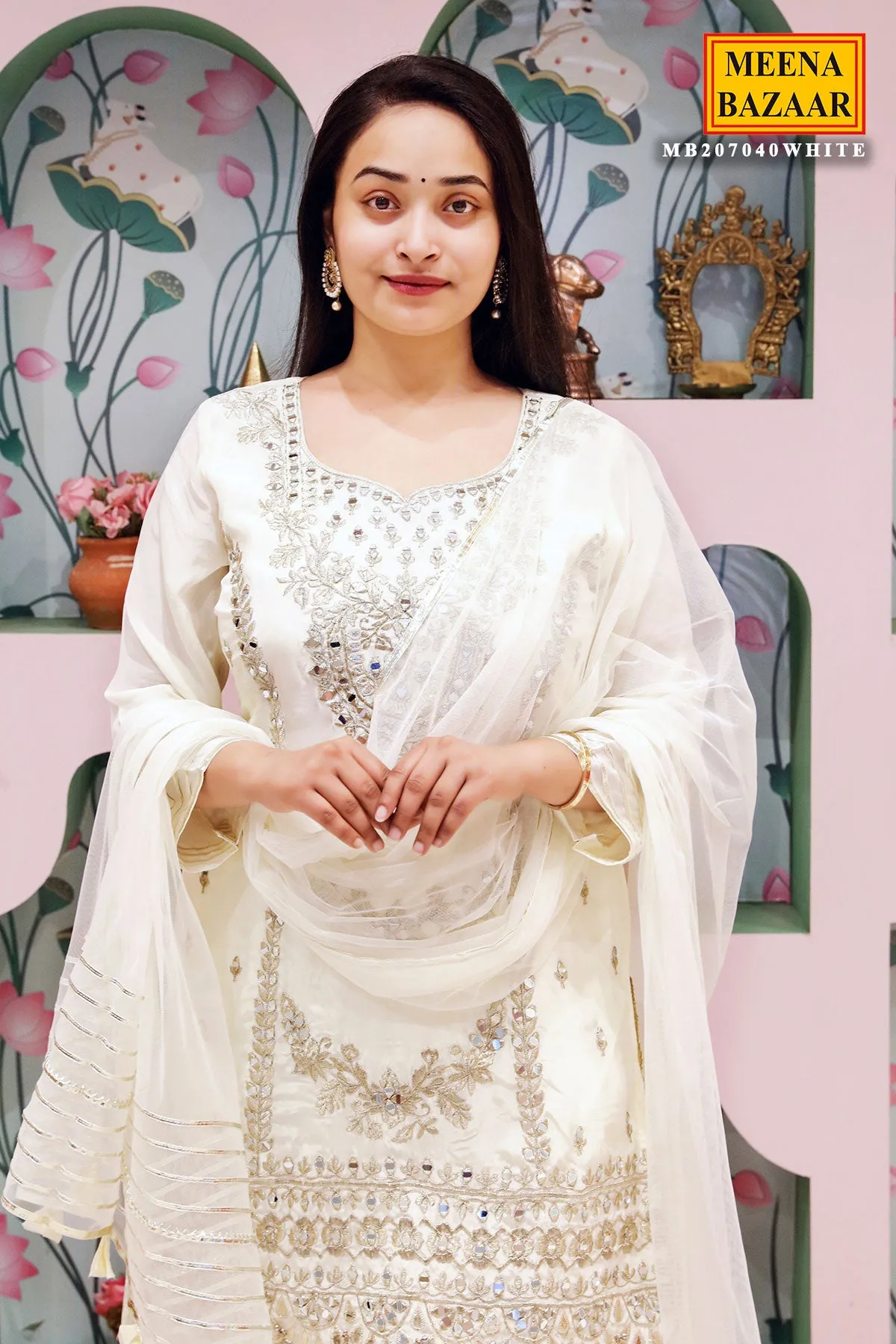 Cream Satin Crepe Gota Patti Embroidered Suit