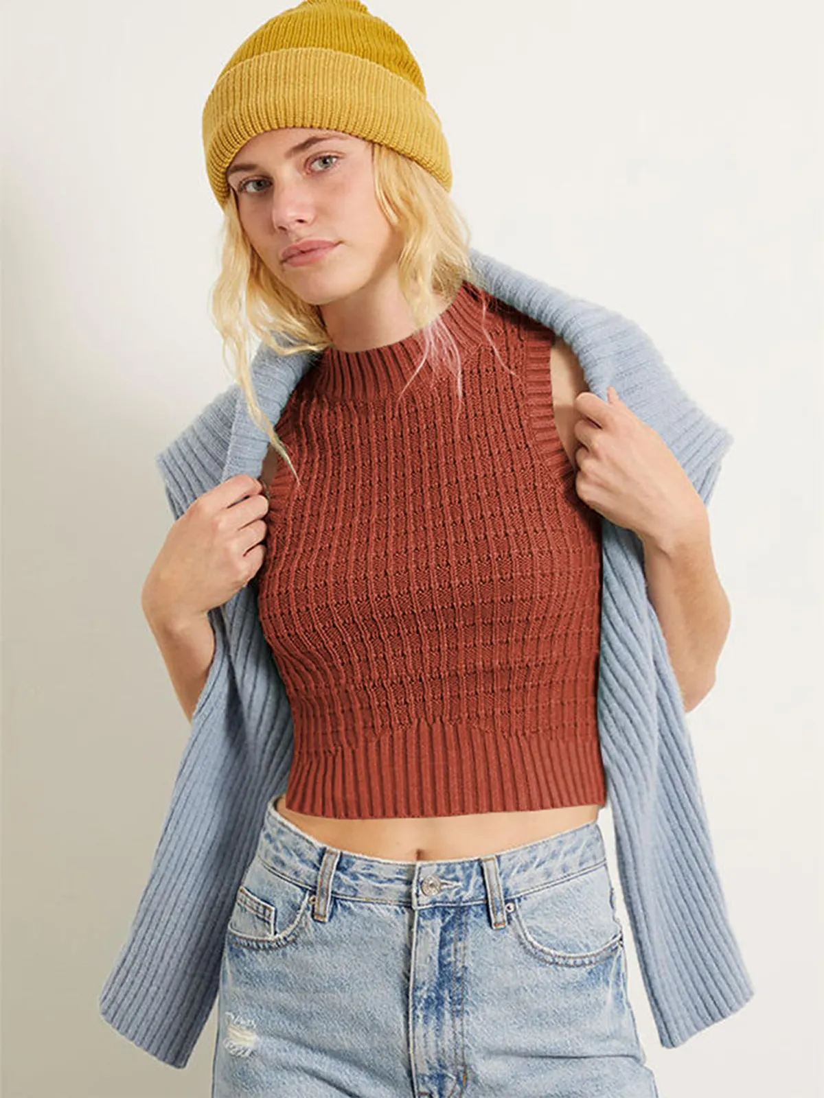 Crew Neck Sleeveless Knit Sweater
