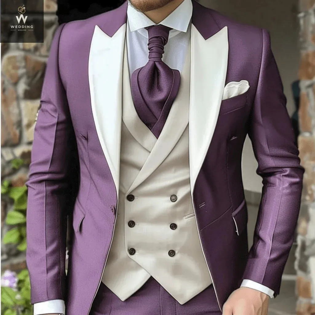 Custom Purple Three-Piece Suit for Men | White Bespoke Wedding Suits