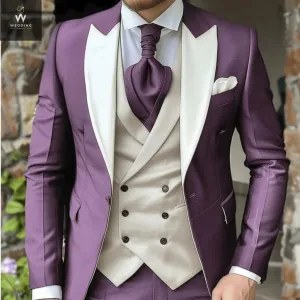 Custom Purple Three-Piece Suit for Men | White Bespoke Wedding Suits