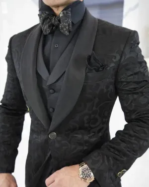 Custom Three-Piece Black Jacquard Suit for Men - Elegant Wedding & Engagement Attire