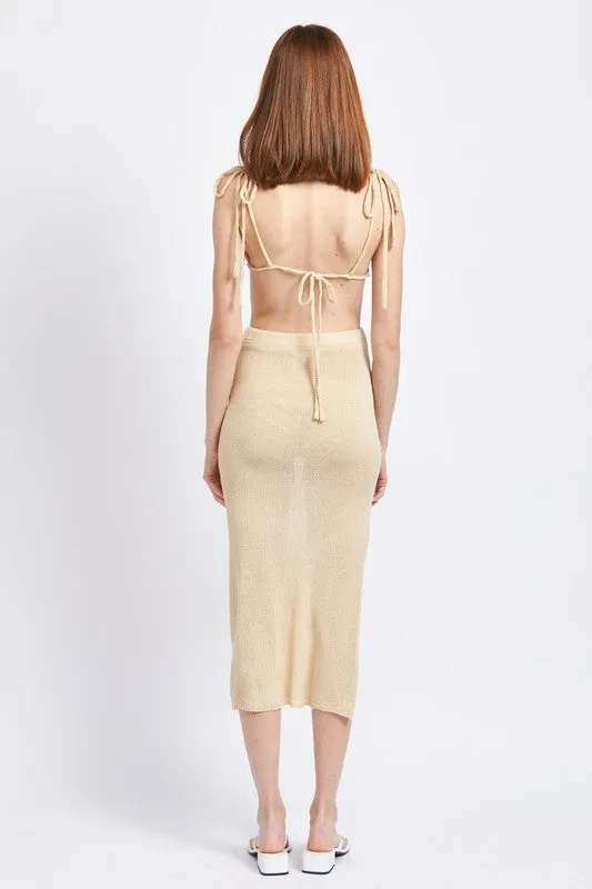 CUT OUT DETAUL MIDI DRESS WITH SHOULDER TIES