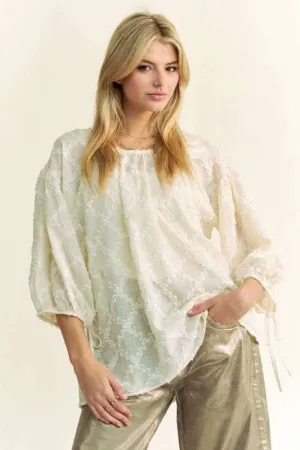 Davi & Dani Tied Round Neck Mesh Blouse