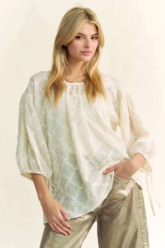 Davi & Dani Tied Round Neck Mesh Blouse