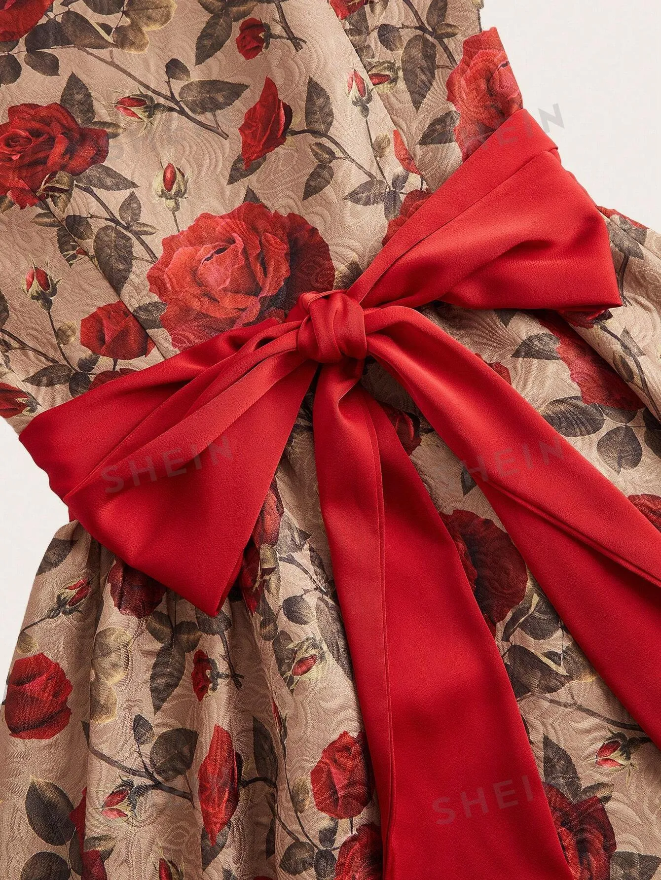 DECDS Vintage Elegant Floral Print Belted Club Women Outfits Dress Party Women Dresses Concert Summer Women Long Dress Prom Dress Summer Dress Vintage Clothes Red Partytime Jacquard Dress