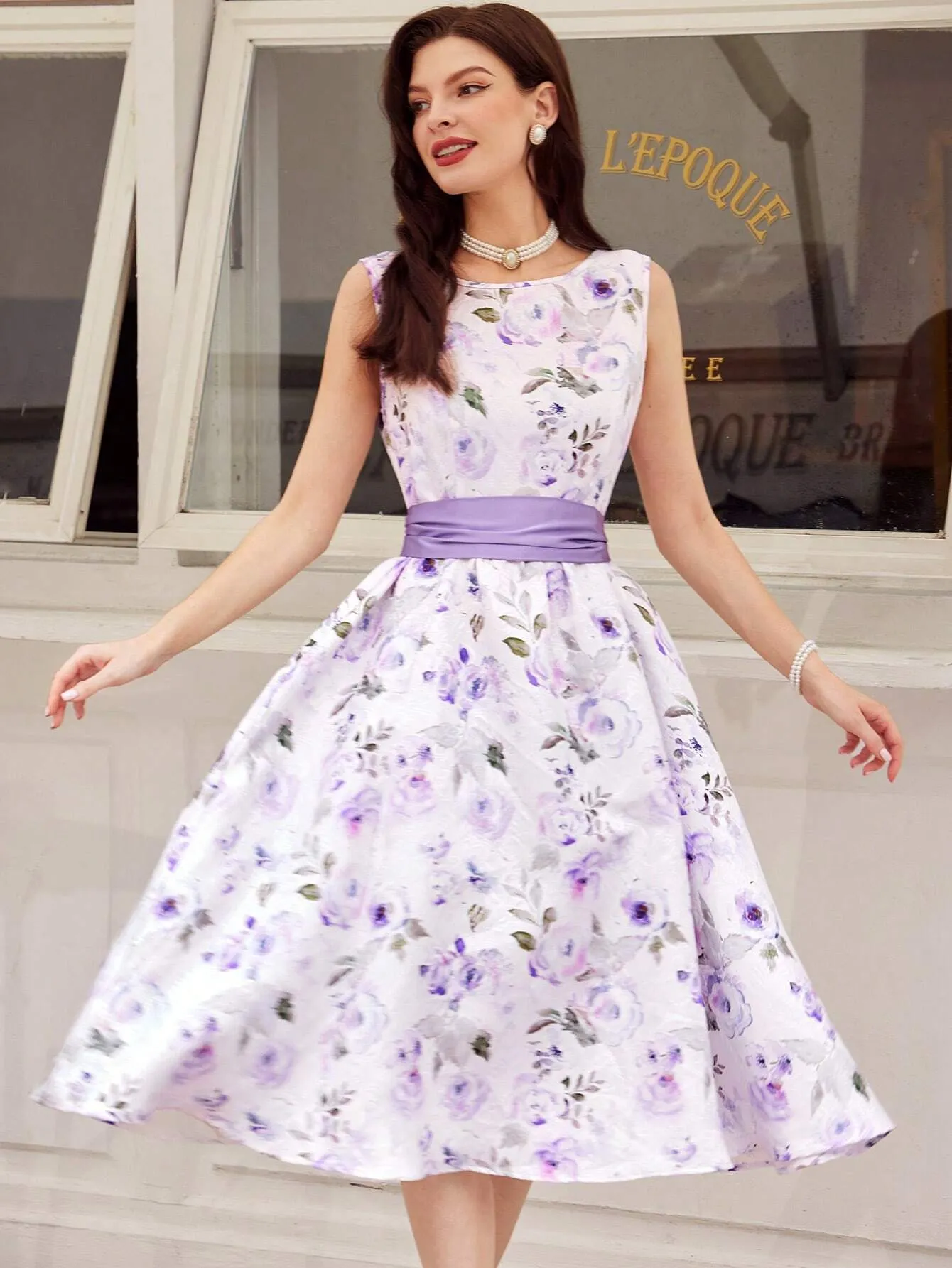 DECDS Vintage Elegant Floral Print Belted Club Women Outfits Dress Party Women Dresses Concert Summer Women Long Dress Prom Dress Summer Dress Vintage Clothes Red Partytime Jacquard Dress