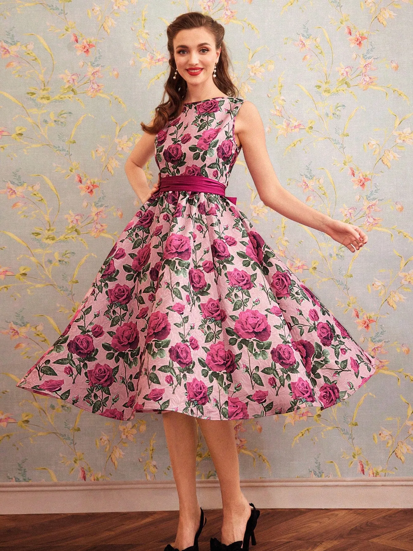 DECDS Vintage Elegant Floral Print Belted Club Women Outfits Dress Party Women Dresses Concert Summer Women Long Dress Prom Dress Summer Dress Vintage Clothes Red Partytime Jacquard Dress