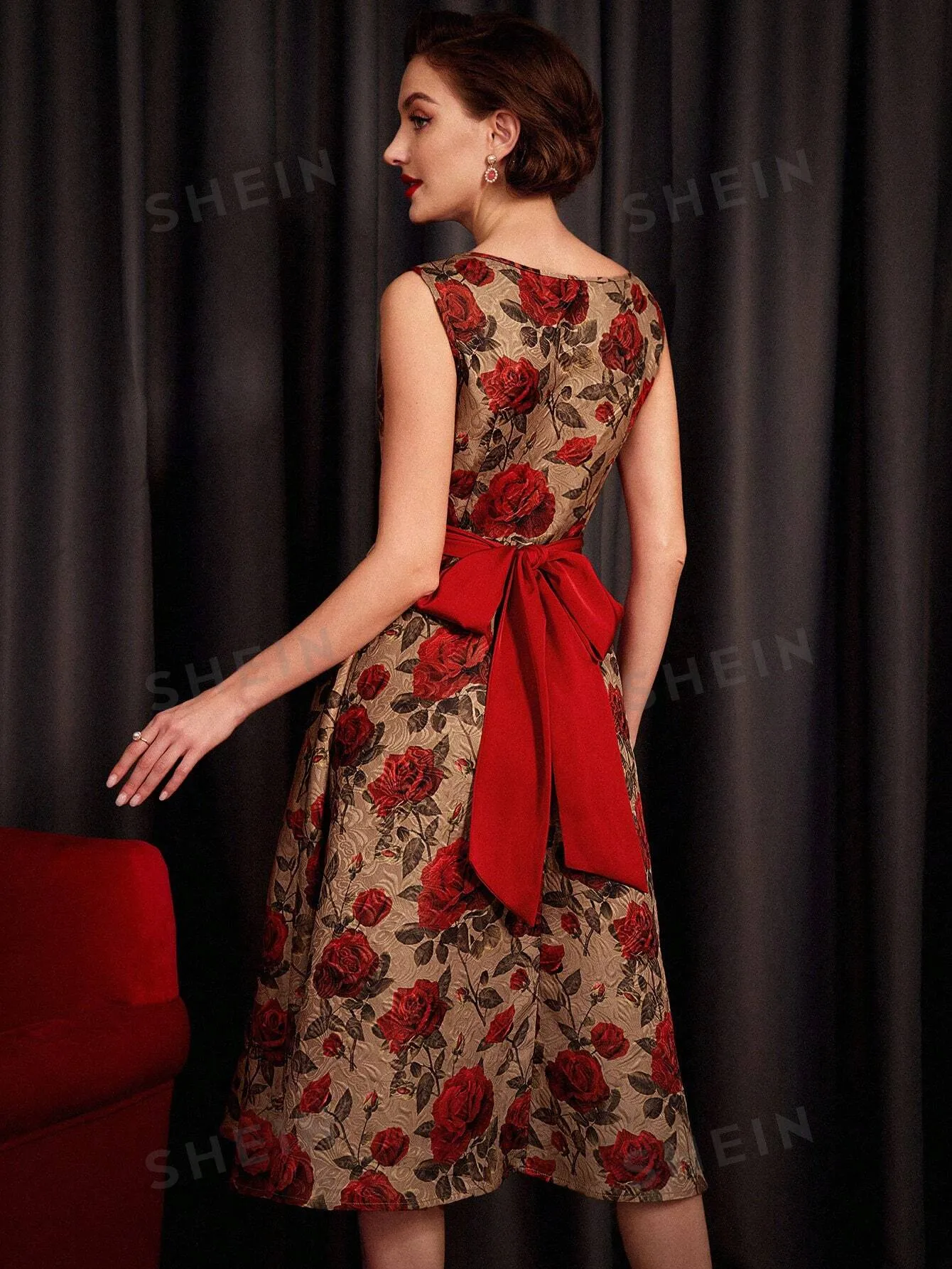 DECDS Vintage Elegant Floral Print Belted Club Women Outfits Dress Party Women Dresses Concert Summer Women Long Dress Prom Dress Summer Dress Vintage Clothes Red Partytime Jacquard Dress