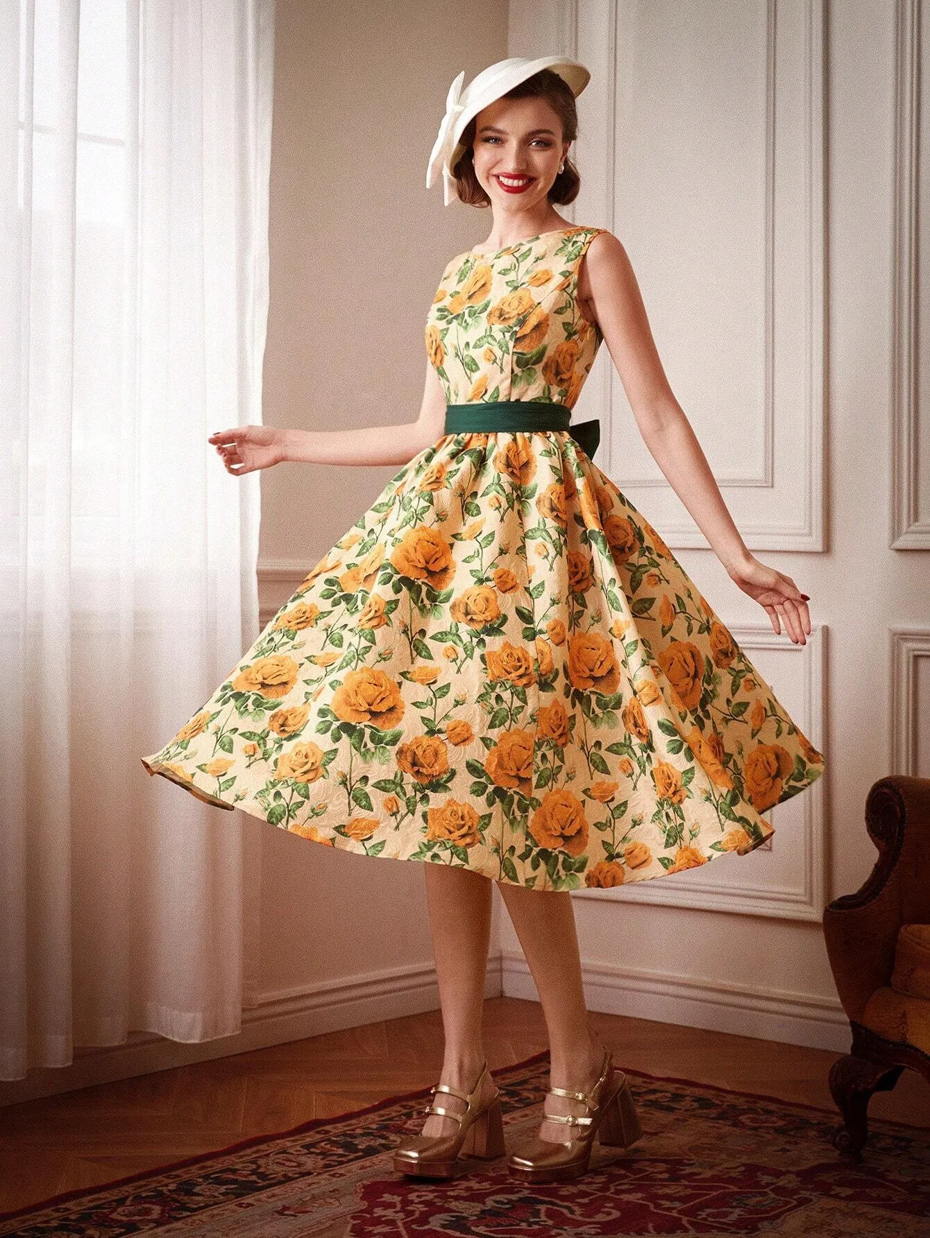 DECDS Vintage Elegant Floral Print Belted Club Women Outfits Dress Party Women Dresses Concert Summer Women Long Dress Prom Dress Summer Dress Vintage Clothes Red Partytime Jacquard Dress