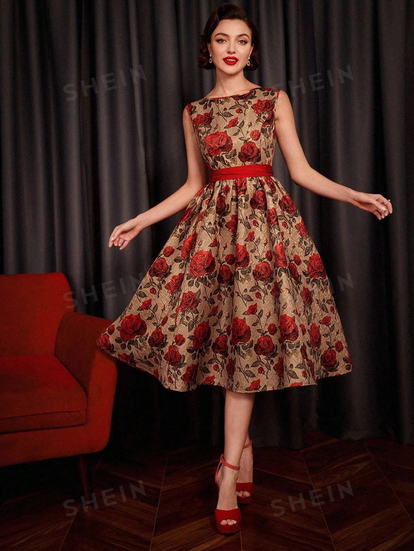 DECDS Vintage Elegant Floral Print Belted Club Women Outfits Dress Party Women Dresses Concert Summer Women Long Dress Prom Dress Summer Dress Vintage Clothes Red Partytime Jacquard Dress