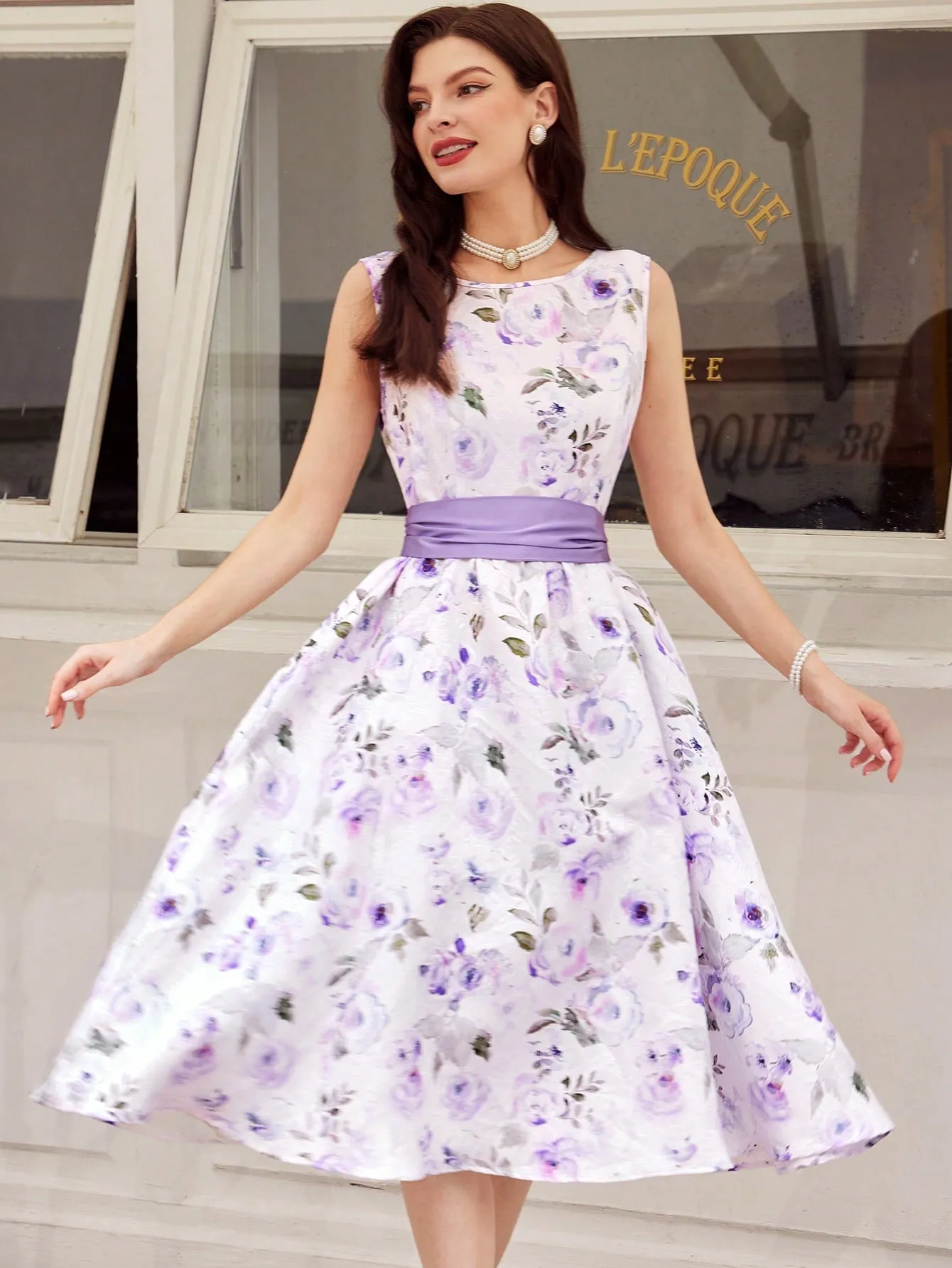 DECDS Vintage Elegant Floral Print Belted Club Women Outfits Dress Party Women Dresses Concert Summer Women Long Dress Prom Dress Summer Dress Vintage Clothes Red Partytime Jacquard Dress