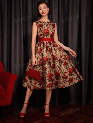 DECDS Vintage Elegant Floral Print Belted Club Women Outfits Dress Party Women Dresses Concert Summer Women Long Dress Prom Dress Summer Dress Vintage Clothes Red Partytime Jacquard Dress