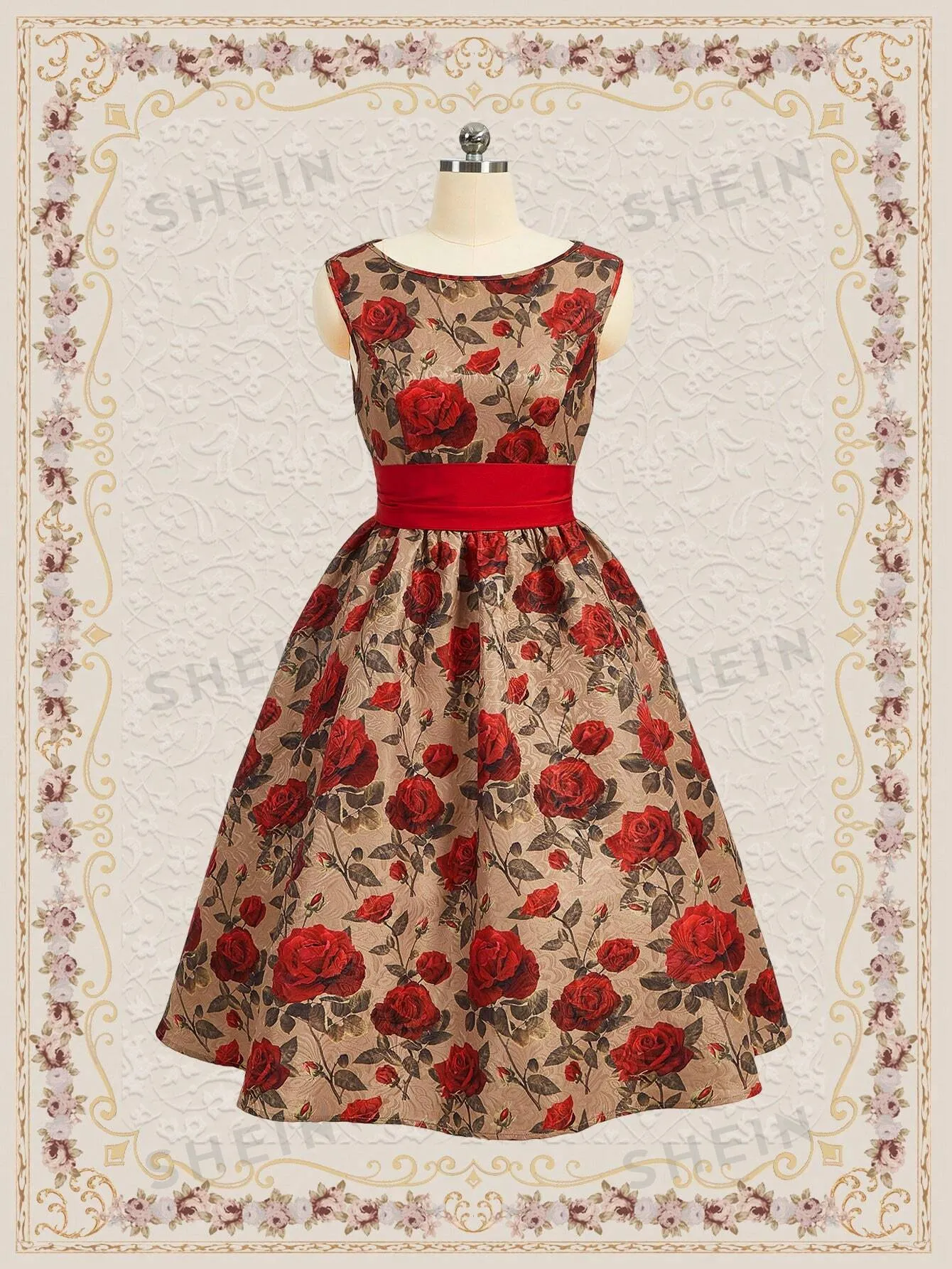 DECDS Vintage Elegant Floral Print Belted Club Women Outfits Dress Party Women Dresses Concert Summer Women Long Dress Prom Dress Summer Dress Vintage Clothes Red Partytime Jacquard Dress