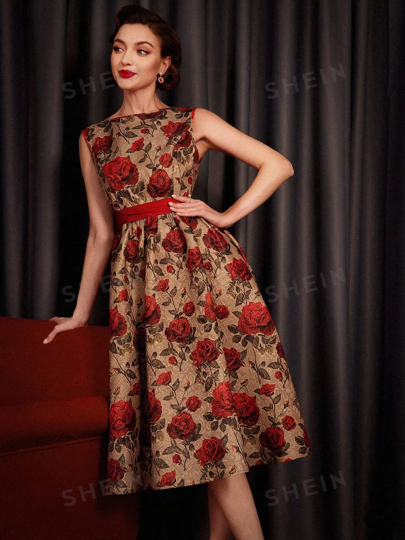 DECDS Vintage Elegant Floral Print Belted Club Women Outfits Dress Party Women Dresses Concert Summer Women Long Dress Prom Dress Summer Dress Vintage Clothes Red Partytime Jacquard Dress