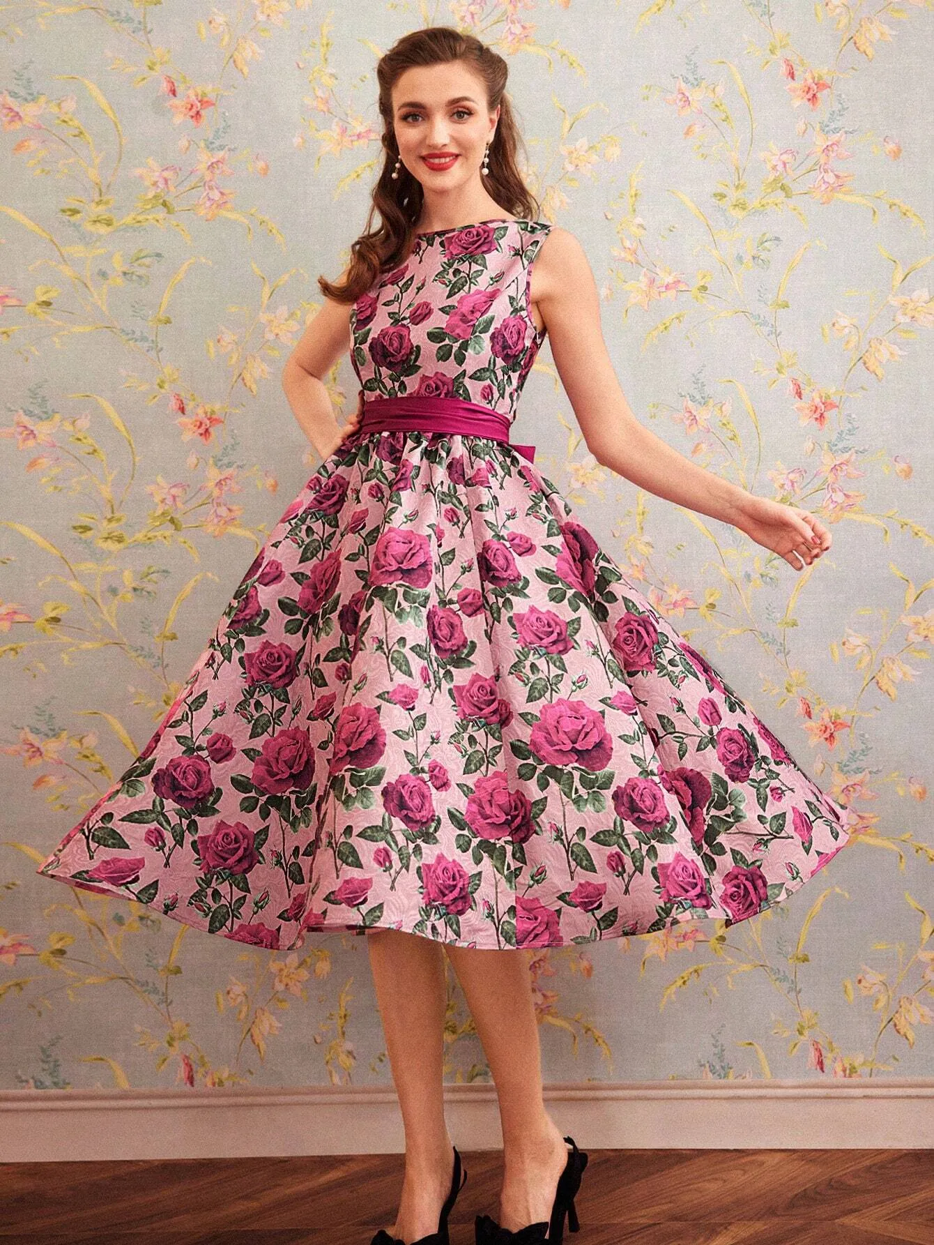 DECDS Vintage Elegant Floral Print Belted Club Women Outfits Dress Party Women Dresses Concert Summer Women Long Dress Prom Dress Summer Dress Vintage Clothes Red Partytime Jacquard Dress