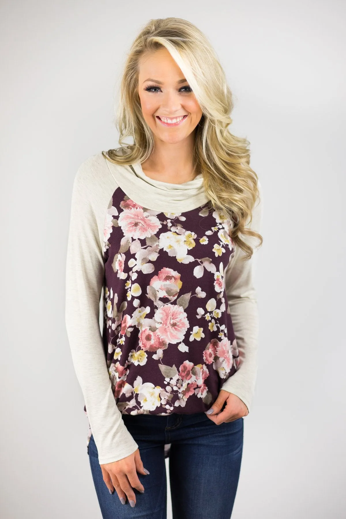 Deep Wine Floral Cowl Neck