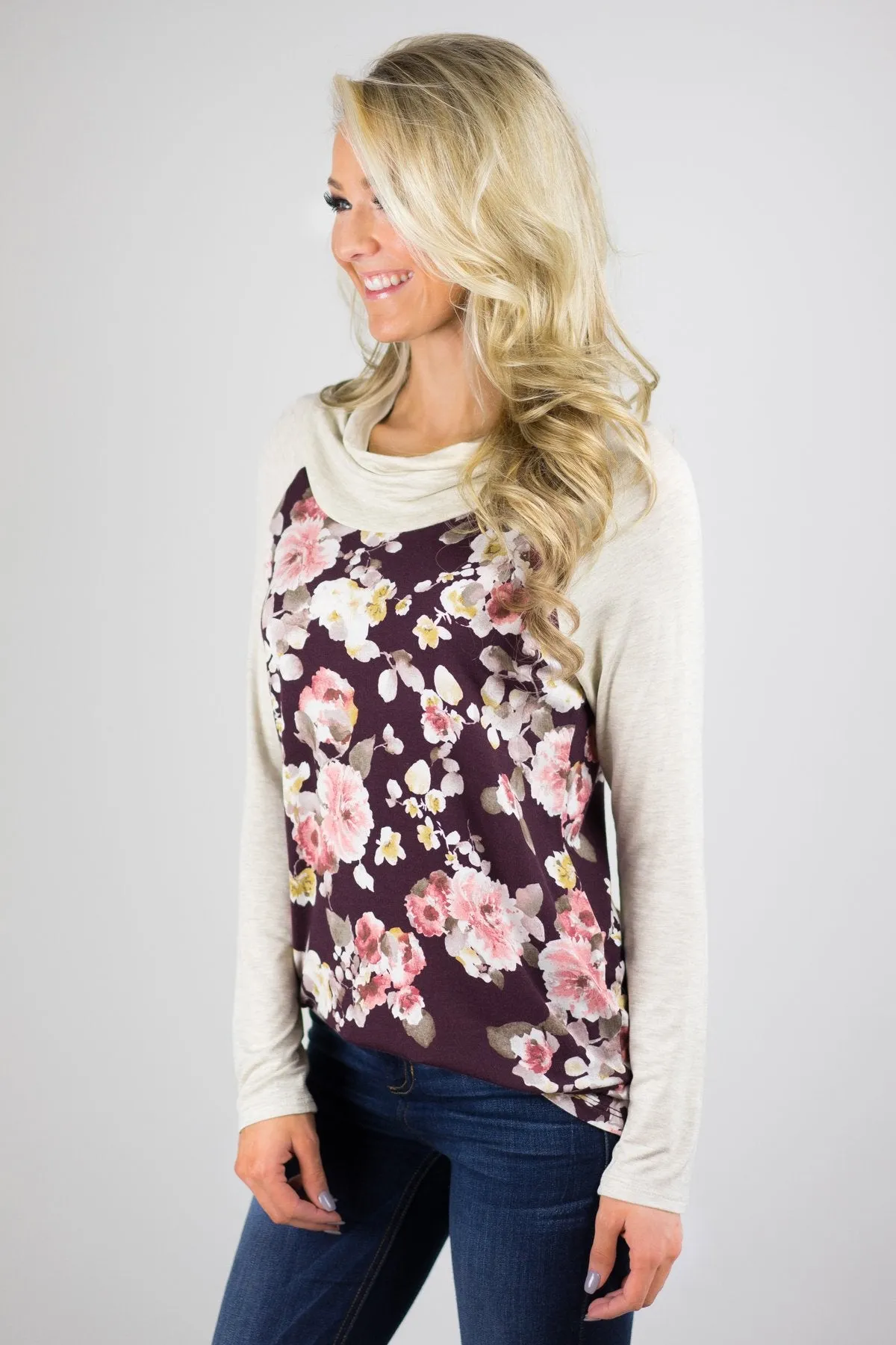 Deep Wine Floral Cowl Neck