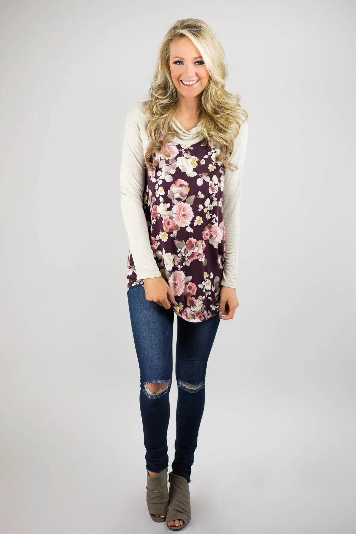 Deep Wine Floral Cowl Neck