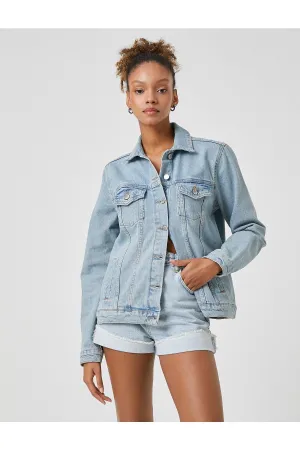 Denim Jacket Shirt Collar Long Sleeve Pocket Detailed