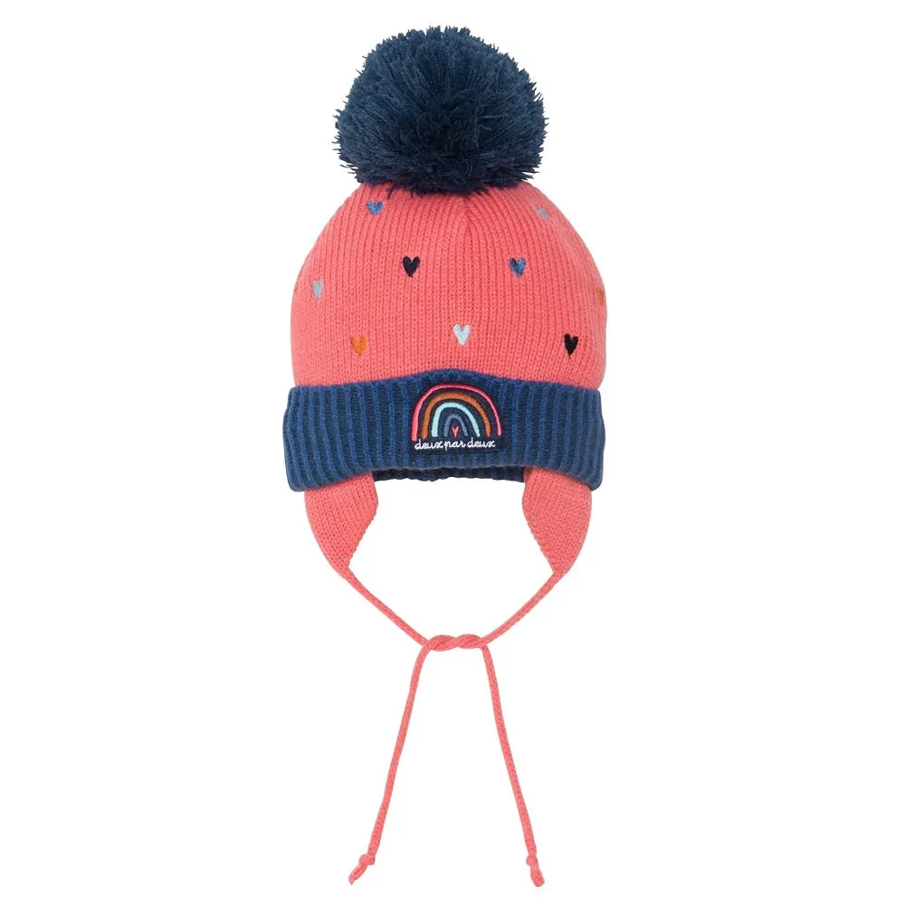 Deux par Deux E10ZE02 Earflap Knit Hat (Coral/Blue Hearts)