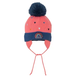 Deux par Deux E10ZE02 Earflap Knit Hat (Coral/Blue Hearts)