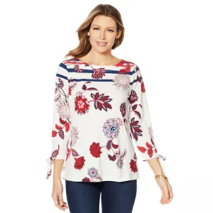 DG2 by Diane Gilman Women's 3/4 Tie Sleeve Printed Striped T-Shirt