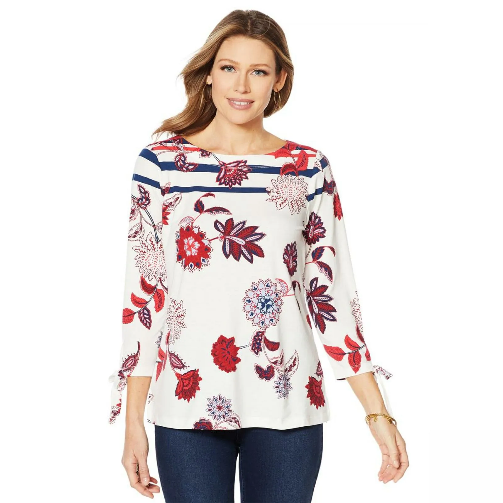 DG2 by Diane Gilman Women's 3/4 Tie Sleeve Printed Striped T-Shirt