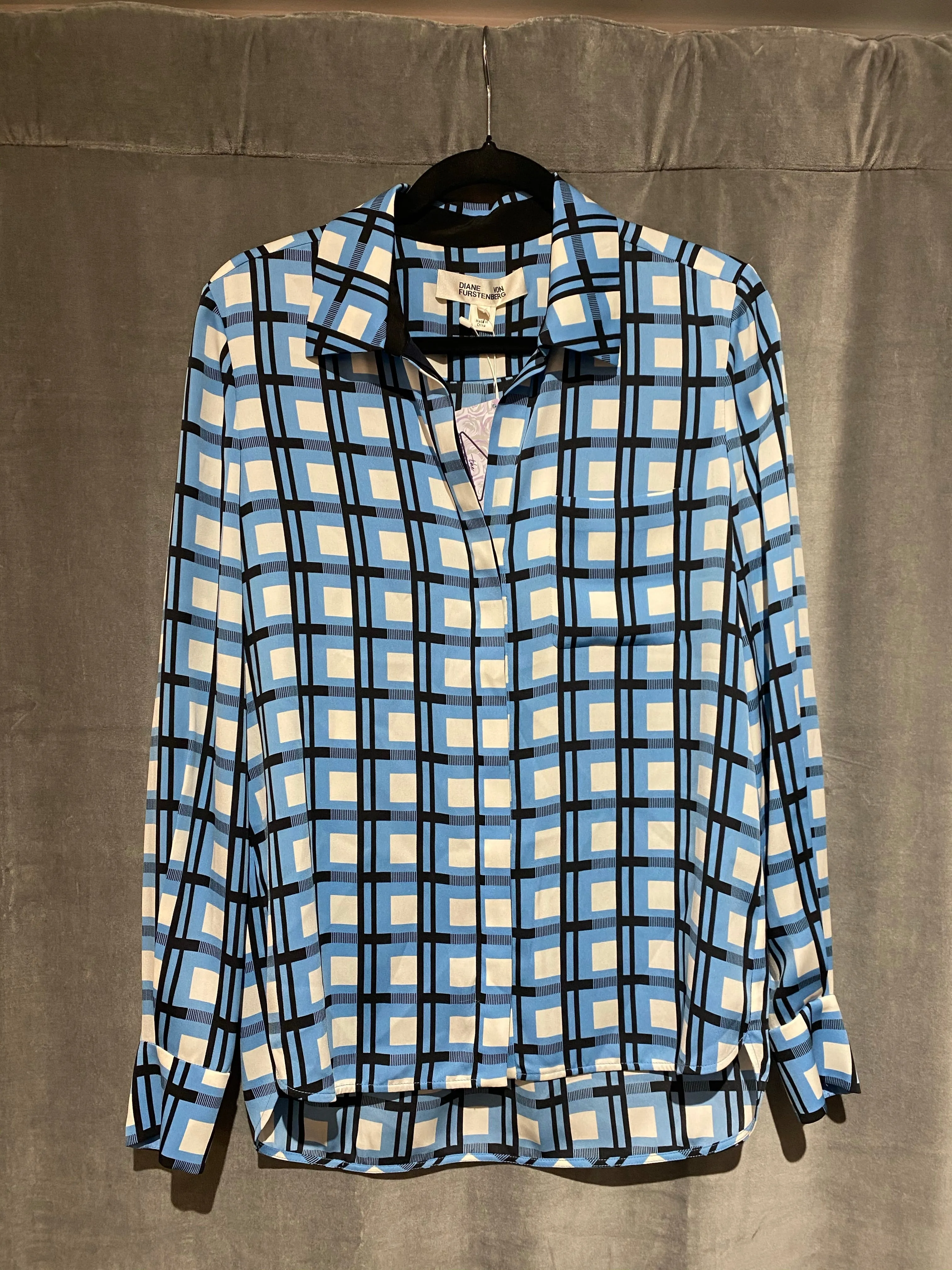 Diane Von Furstenberg Long Sleeve Silk Plaid Blouse