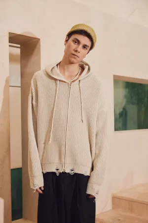 Distressed Heavy Knit Zip- Up Hoodie