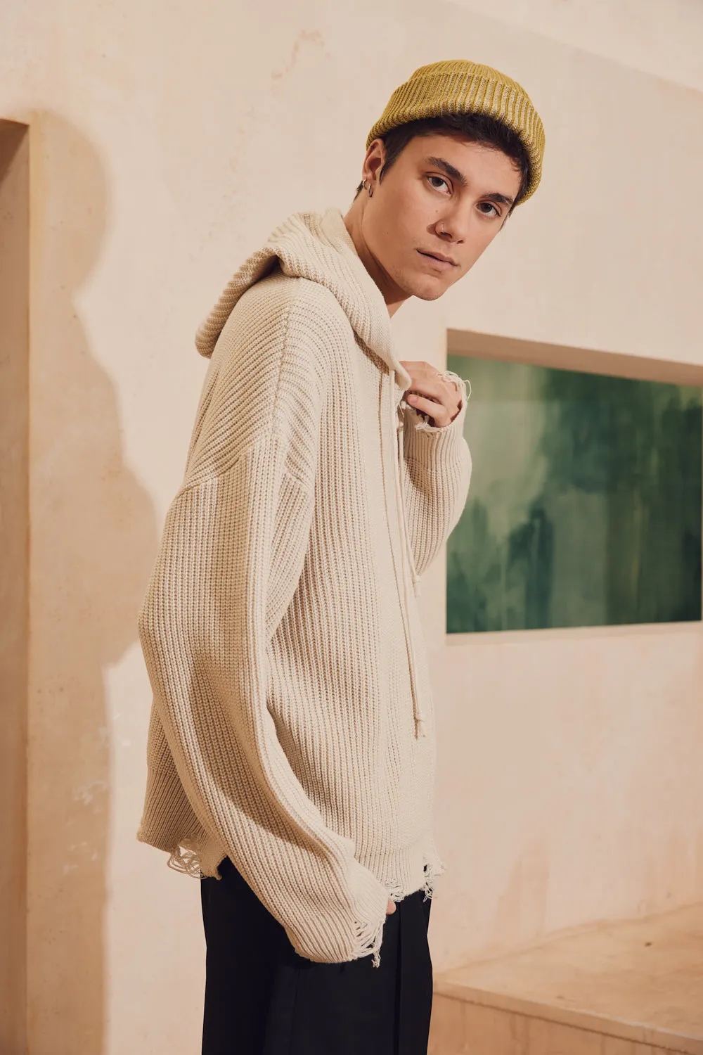 Distressed Heavy Knit Zip- Up Hoodie