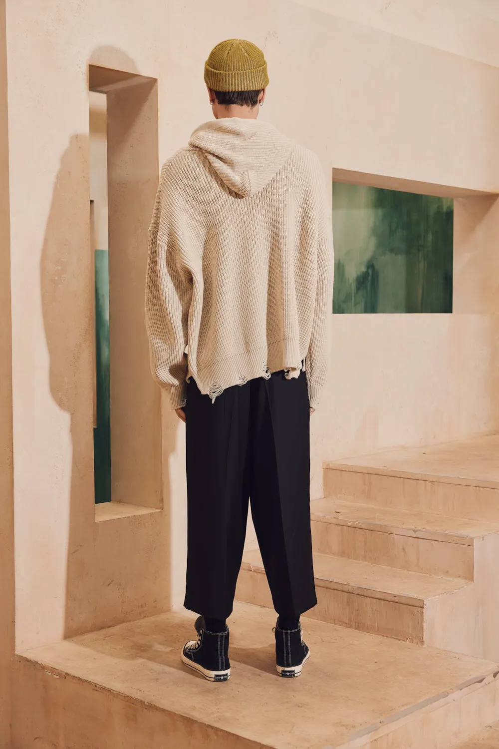 Distressed Heavy Knit Zip- Up Hoodie